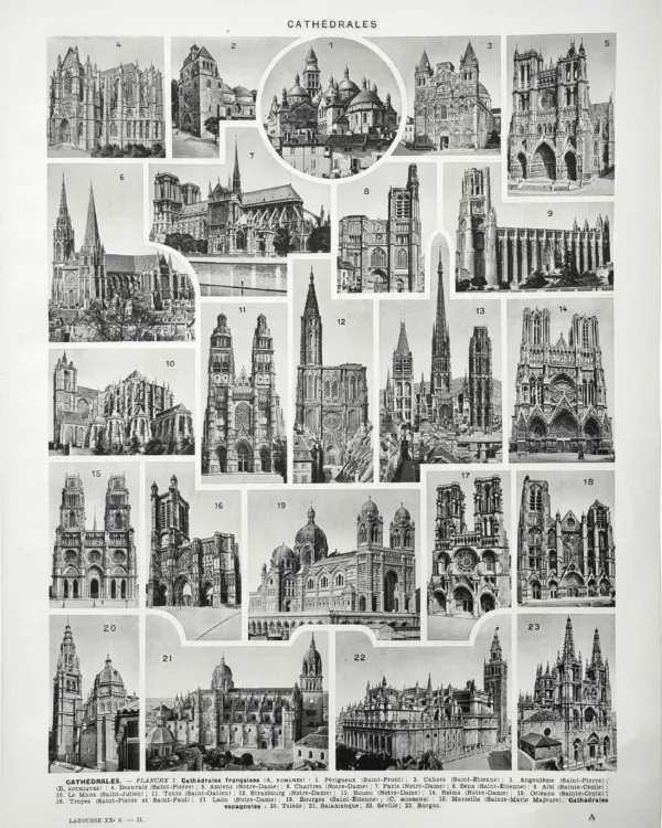 Cathédrales et architecture religieuse, planche encyclopédique originale de 1929