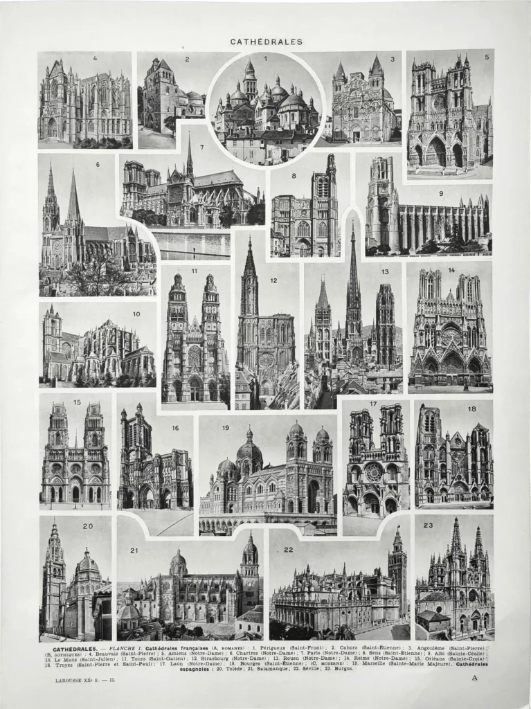 Cathédrales et architecture religieuse, planche encyclopédique originale de 1929