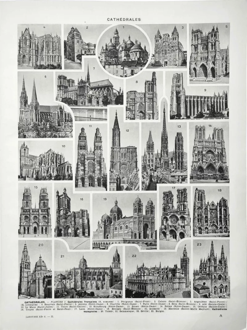 XX21929CATH-R-cathedrales Cathédrales et architecture religieuse, planche encyclopédique originale de 1929
