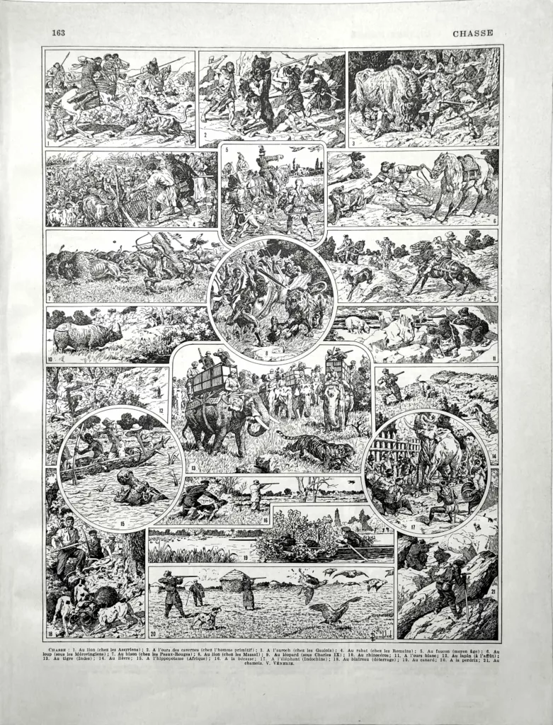 Chasse et pratiques cynégétiques, planche de Bombled de Richemont de 1929