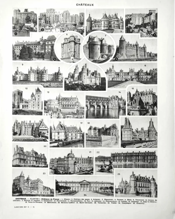 XX21929CHAT-R-chateau Châteaux et demeures historiques, planche encyclopédique originale de 1929