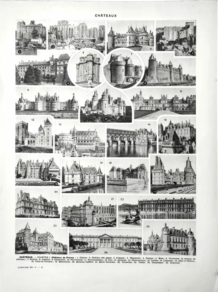 Châteaux et demeures historiques, planche encyclopédique originale de 1929