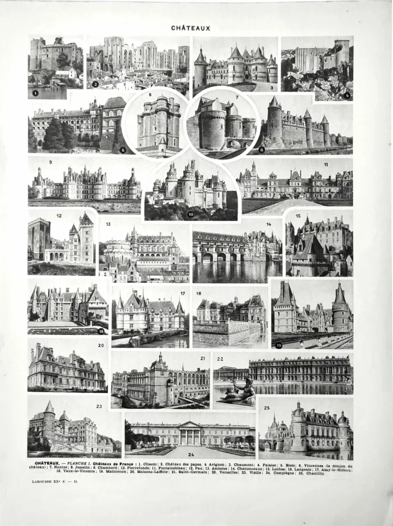 XX21929CHAT-R-chateau Châteaux et demeures historiques, planche encyclopédique originale de 1929