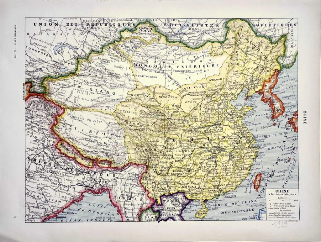 Chine en 1929, carte géographique historique, planche encyclopédique originale