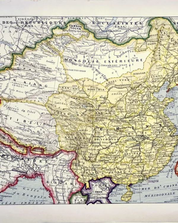 XX21929CHIN-R-Chine-carte-1929 Chine en 1929, carte géographique historique, planche encyclopédique originale