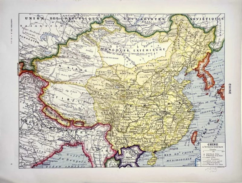 XX21929CHIN-R-Chine-carte-1929 Chine en 1929, carte géographique historique, planche encyclopédique originale