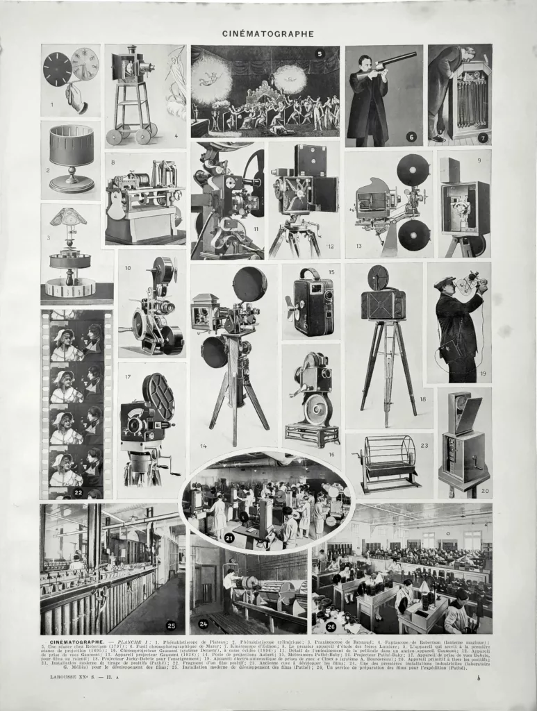 Cinématographe, caméra et projection, planche technique originale de 1929