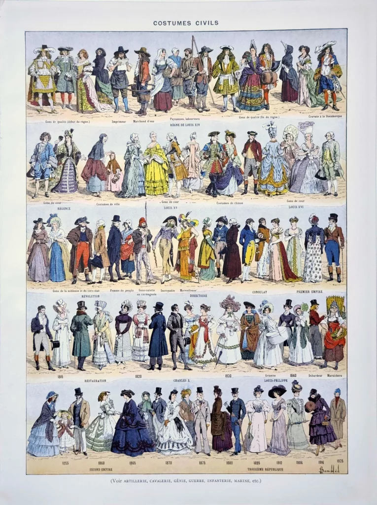 Costumes gaulois, vêtements et personnages, planche historique originale de 1929