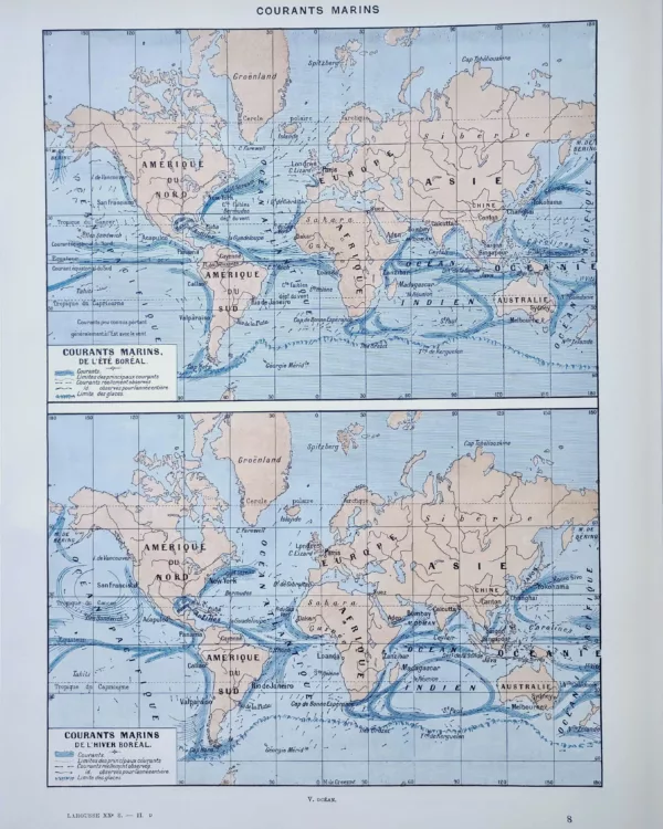 XX21929COUA-R-courants-marins Courants marins du globe, planche scientifique originale de 1929