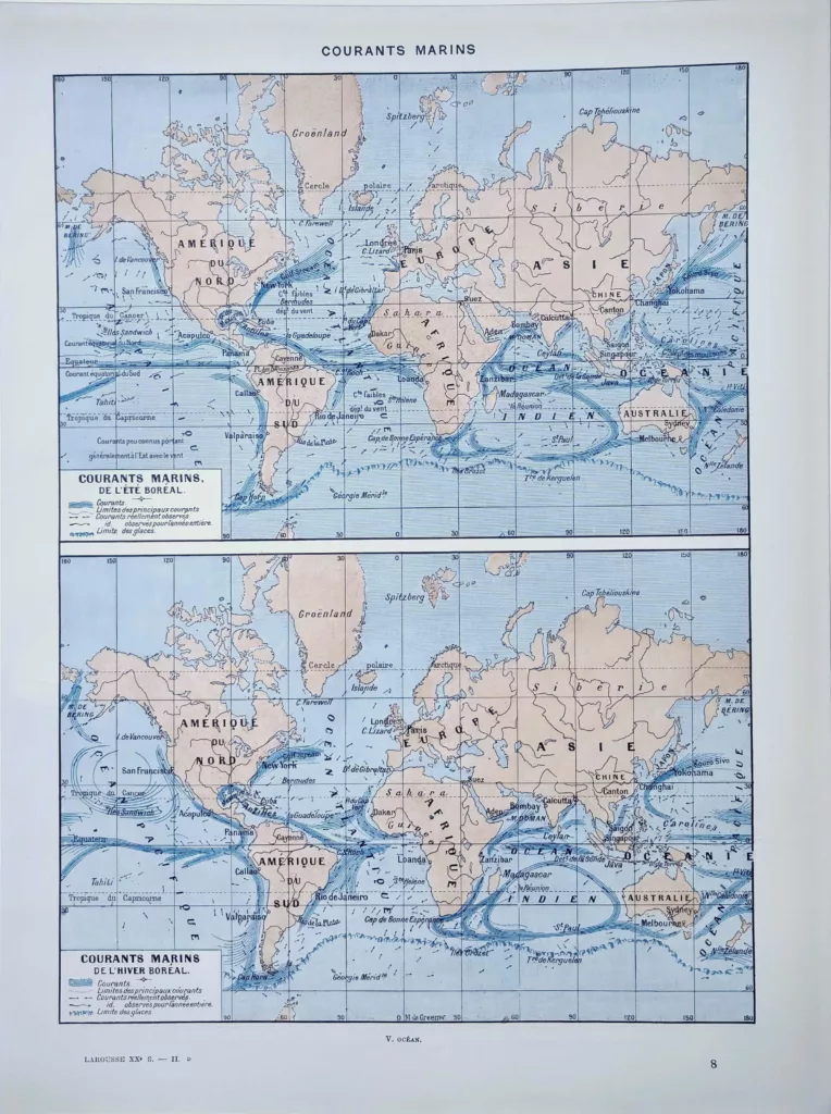 Courants marins du globe, planche scientifique originale de 1929