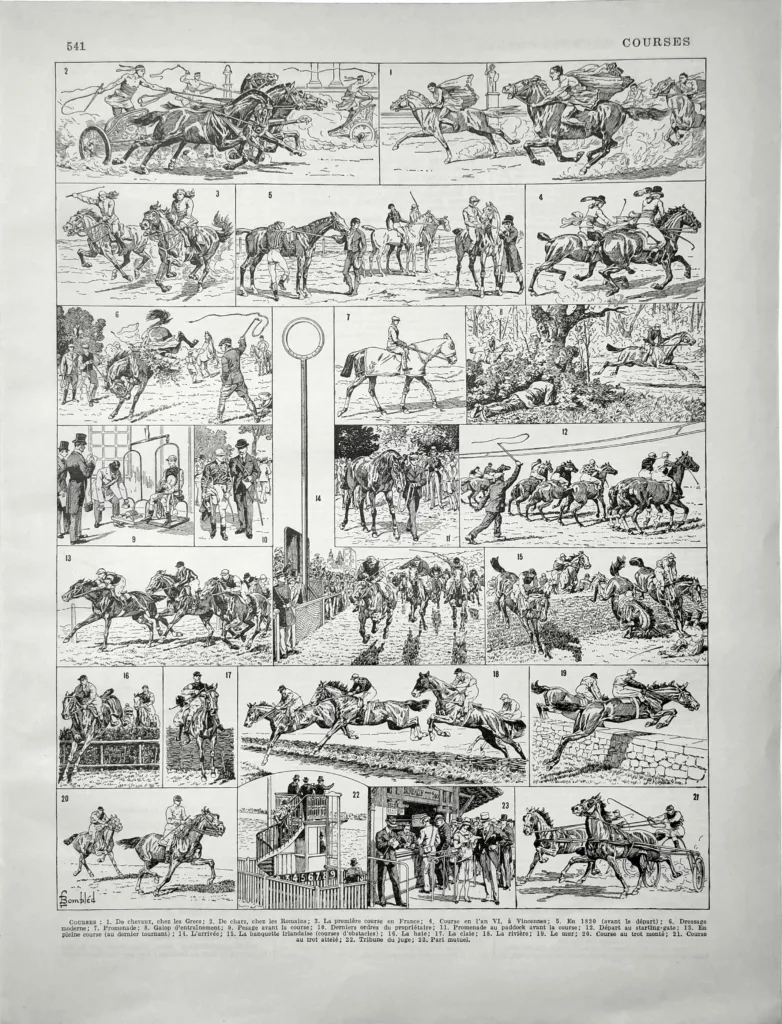 Courses hippiques, chevaux et jockeys, planche de Bombled de Richemont de 1929
