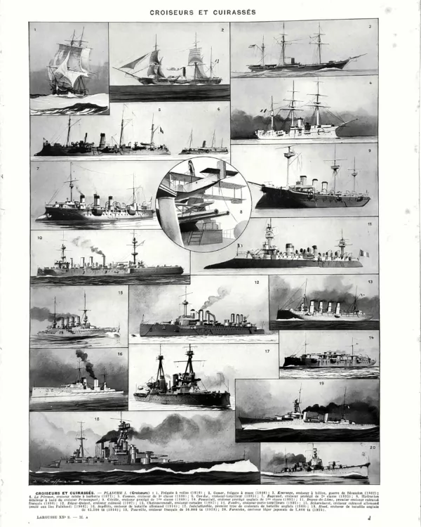 Croiseurs cuirassés et navires de guerre, planche encyclopédique originale de 1929