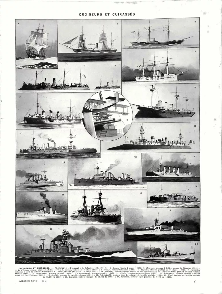 Croiseurs cuirassés et navires de guerre, planche encyclopédique originale de 1929