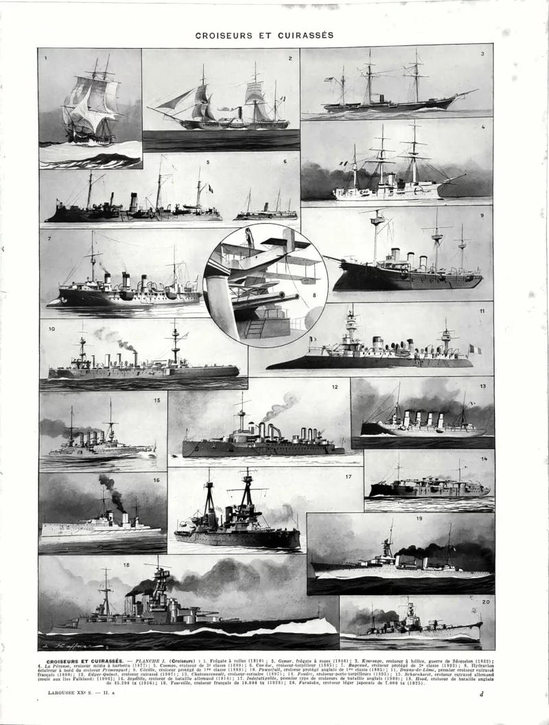 XX21929CROS-R-croiseurs-cuirasses Croiseurs cuirassés et navires de guerre, planche encyclopédique originale de 1929