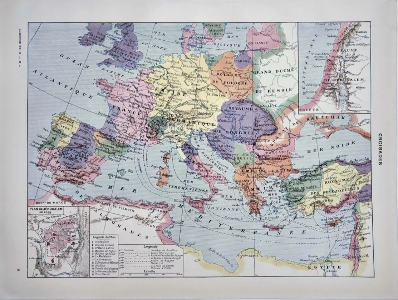 Croisades, carte historique des expéditions, planche encyclopédique de 1929