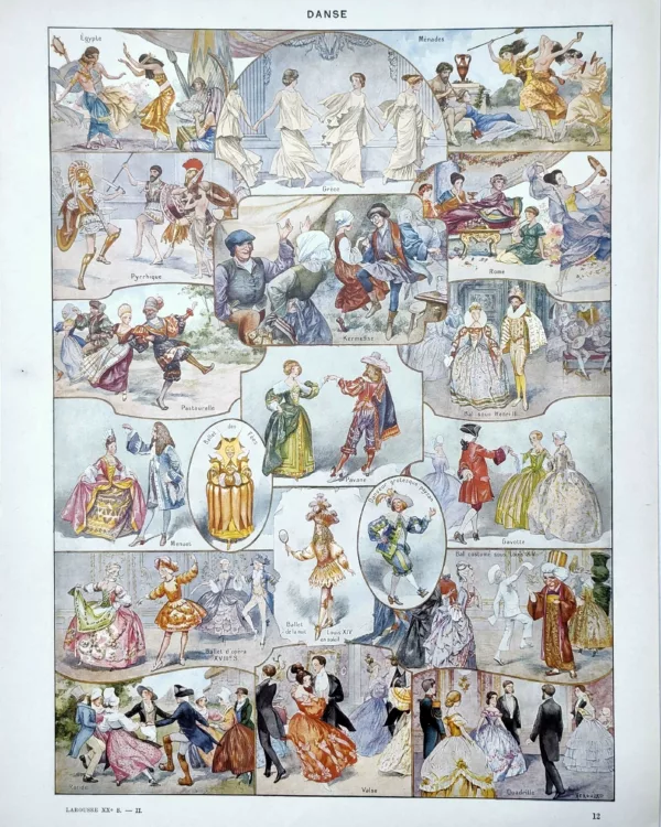XX21929DANS-R-danse Danse, styles et mouvements, planche encyclopédique originale de 1929