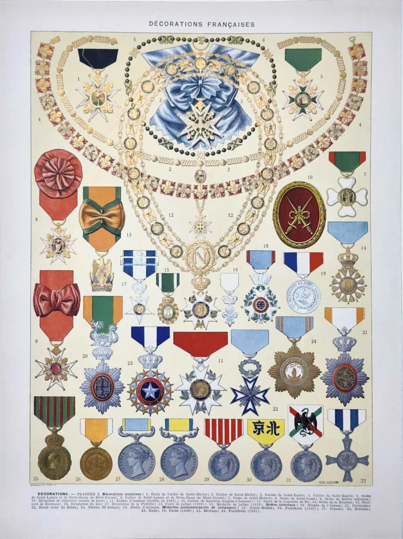 Décorations, ordres et distinctions, planche encyclopédique originale de 1929