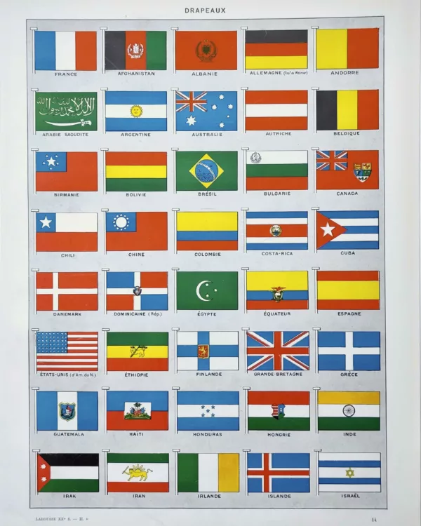 XX21929DRAP-R-drapeaux Drapeaux, pavillons et emblèmes nationaux, planche encyclopédique originale de 1929