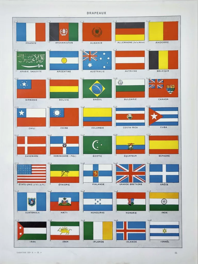 Drapeaux, pavillons et emblèmes nationaux, planche encyclopédique originale de 1929
