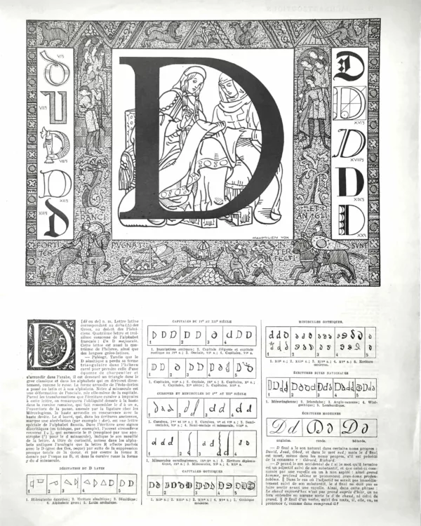 Lettre D, typographie et ornement, planche encyclopédique originale de 1929