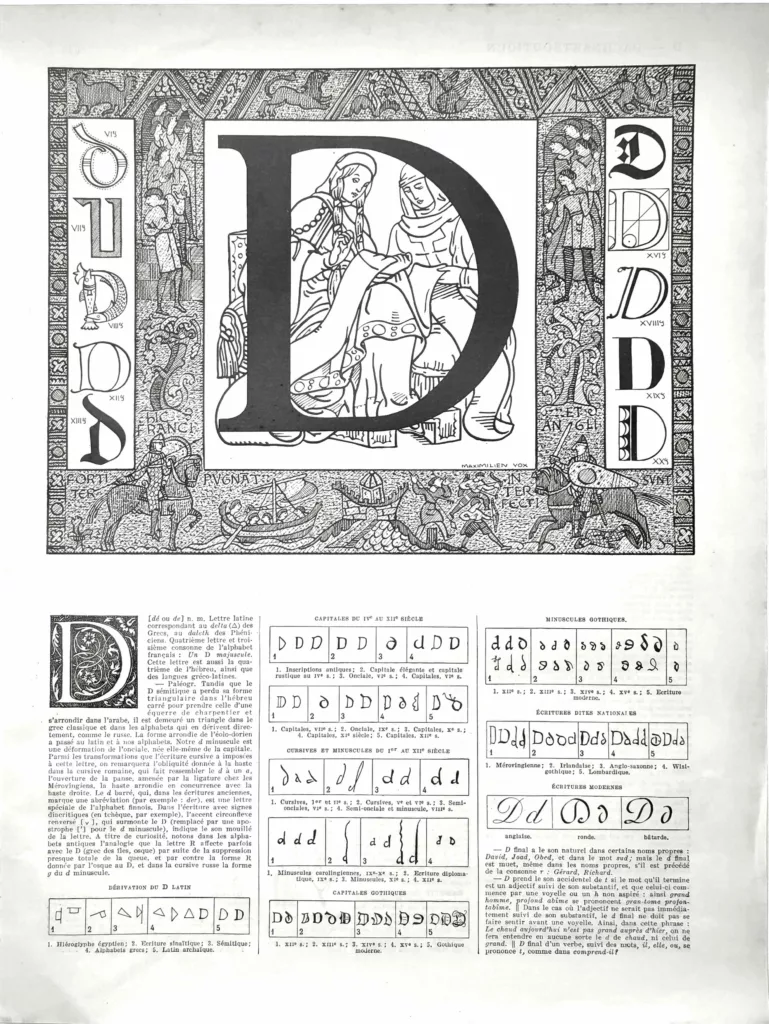 Lettre D, typographie et ornement, planche encyclopédique originale de 1929
