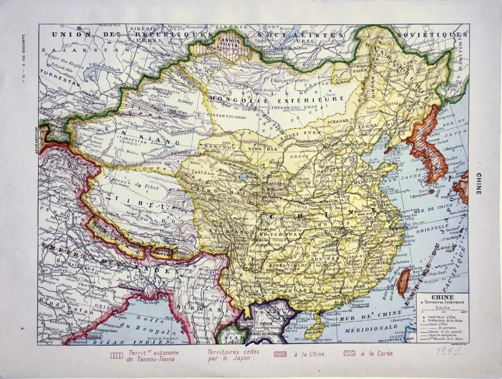 Chine en 1951, carte géographique mise à jour, planche encyclopédique ancienne
