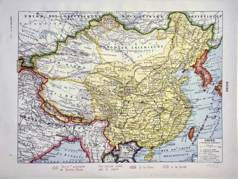 XX21951CHIN-R-Chine-carte-1951 Chine en 1951, carte géographique mise à jour, planche encyclopédique ancienne