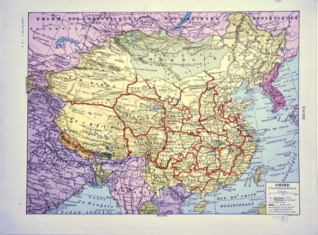 Chine en 1953, carte géographique mise à jour, planche encyclopédique ancienne