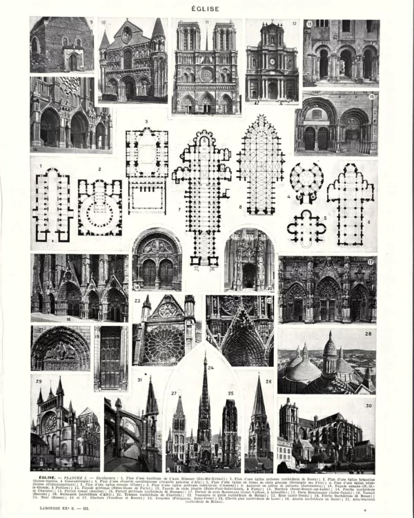 XX31930EGLI-R-eglise Églises et architecture religieuse, planche encyclopédique originale de 1930