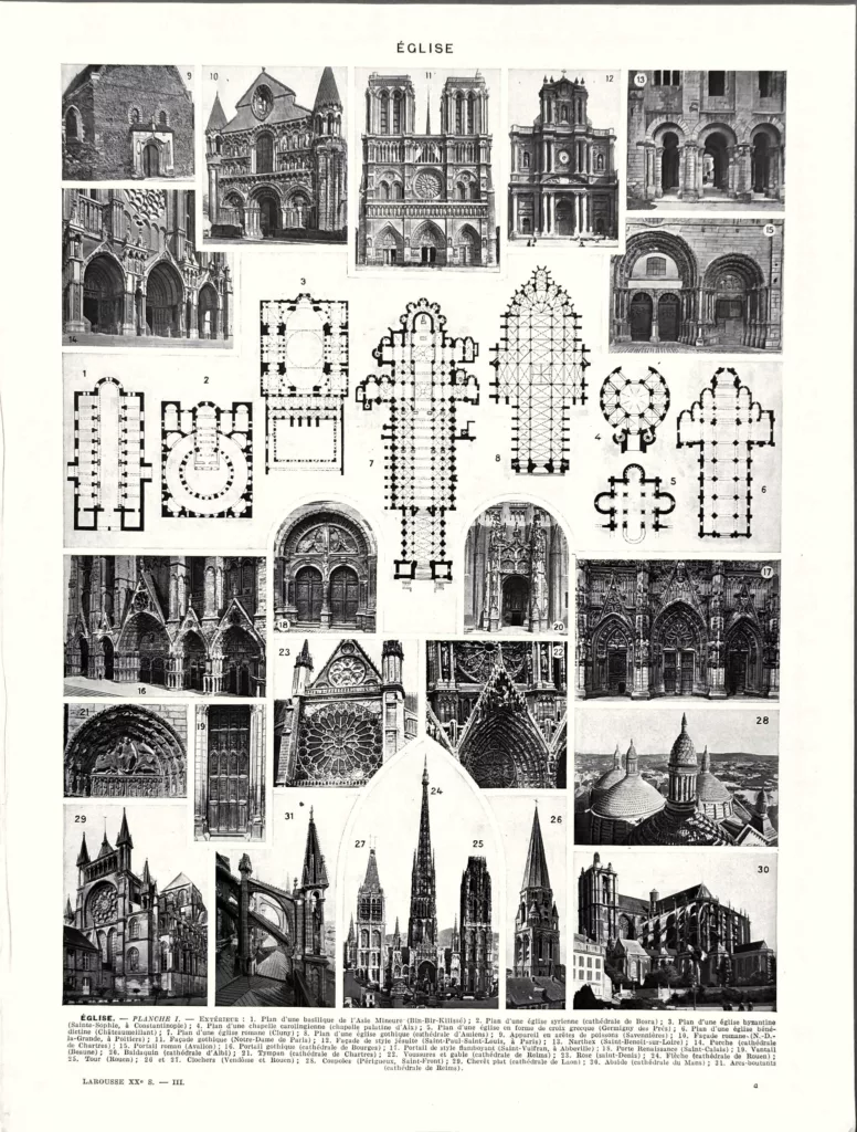 Églises et architecture religieuse, planche encyclopédique originale de 1930