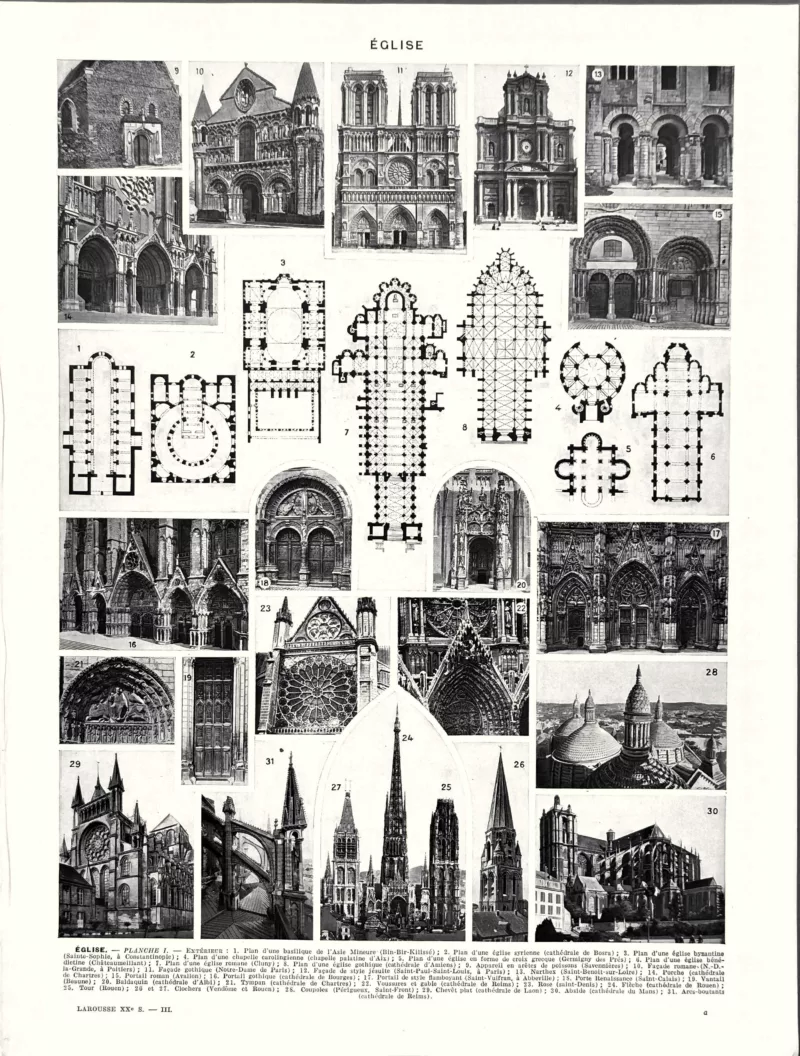 XX31930EGLI-R-eglise Églises et architecture religieuse, planche encyclopédique originale de 1930