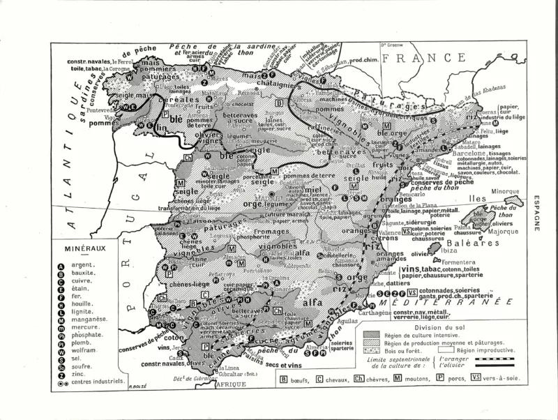 XX31930ESPA-V1-espagne-carte Espagne, carte économique en noir et blanc avec agriculture, minerais et industries, 1930