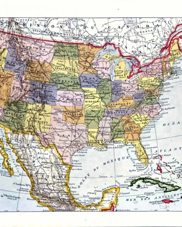XX31930ETAT-R-etats-unis-carte États-Unis, carte politique en couleurs avec États et frontières, planche originale de 1930
