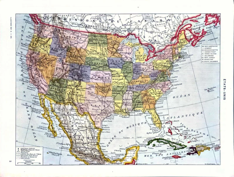 XX31930ETAT-R-etats-unis-carte États-Unis, carte politique en couleurs avec États et frontières, planche originale de 1930
