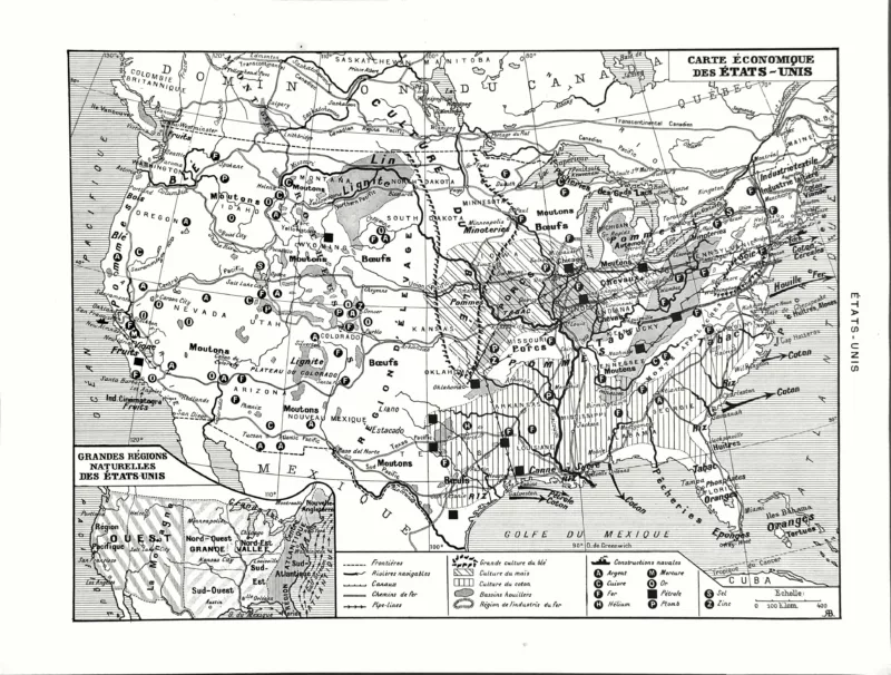 XX31930ETAT-V-etats-unis-carte États-Unis, carte économique en noir et blanc avec ressources et productions, verso de 1930