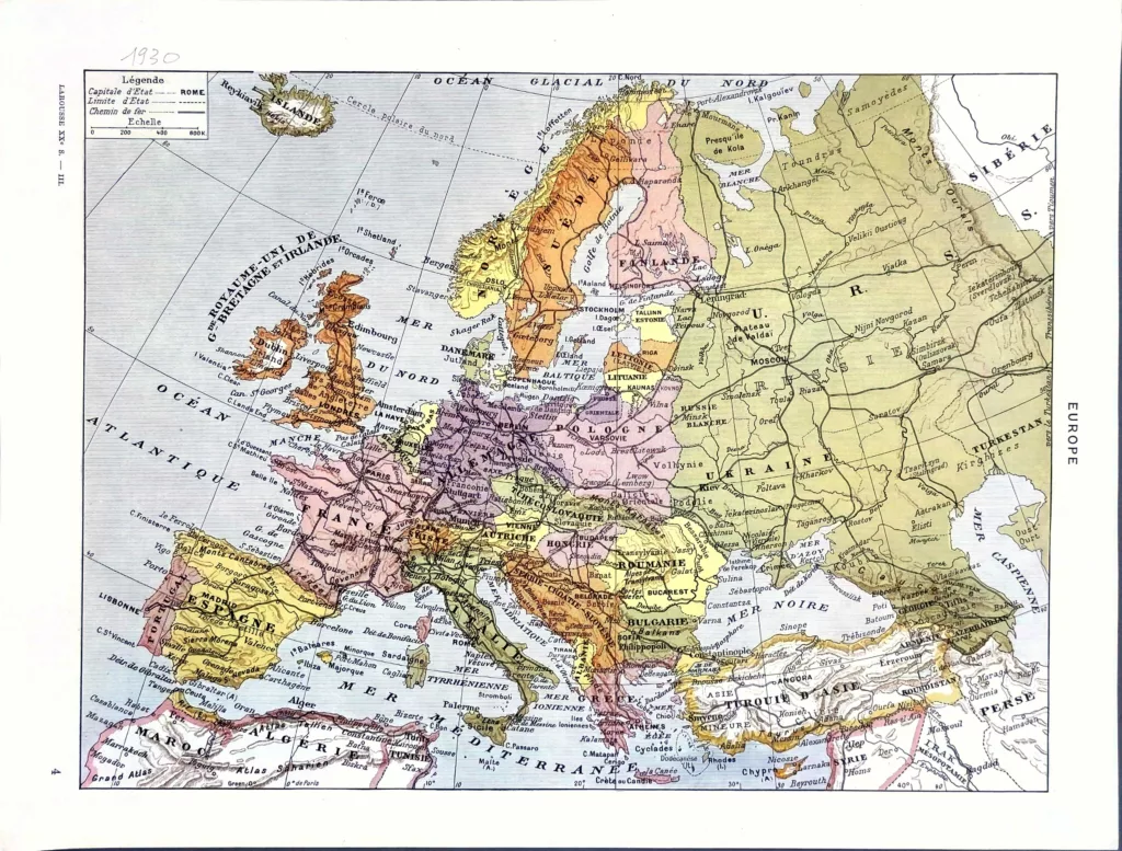 Europe en 1930, carte politique en couleurs, planche encyclopédique originale