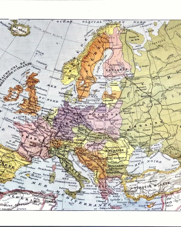 XX31930EURO-R-europe-1930 Europe en 1930, carte politique en couleurs, planche encyclopédique originale