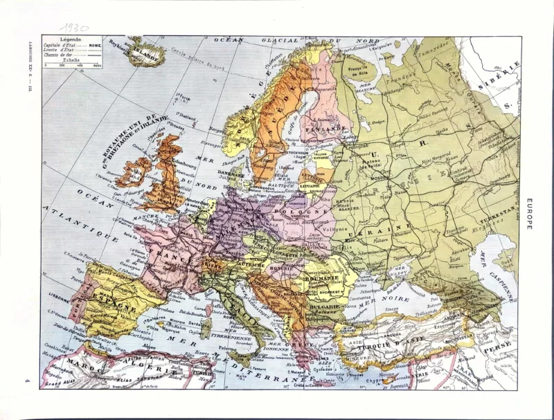 XX31930EURO-R-europe-1930 Europe en 1930, carte politique en couleurs, planche encyclopédique originale