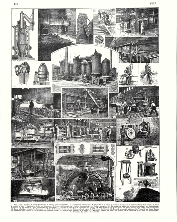 XX31930FER0-R-fer Fer, mines, hauts fourneaux et métallurgie, planche de Jacques Maurice Dessertenne de 1930