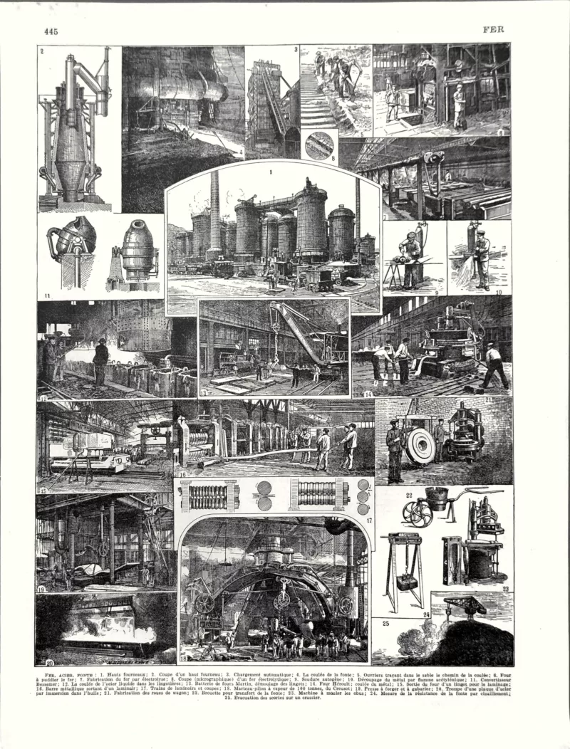 XX31930FER0-R-fer Fer, mines, hauts fourneaux et métallurgie, planche de Jacques Maurice Dessertenne de 1930