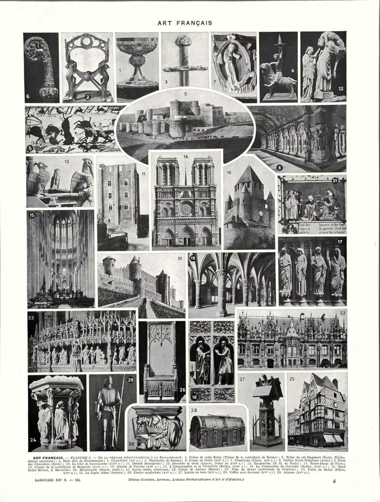 Art français, architecture, sculpture et mobilier, planche encyclopédique originale de 1930