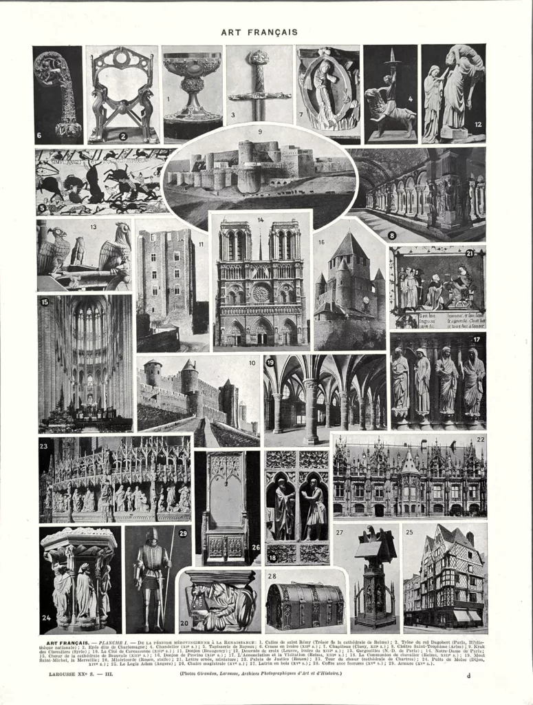 Art français, architecture, sculpture et mobilier, planche encyclopédique originale de 1930