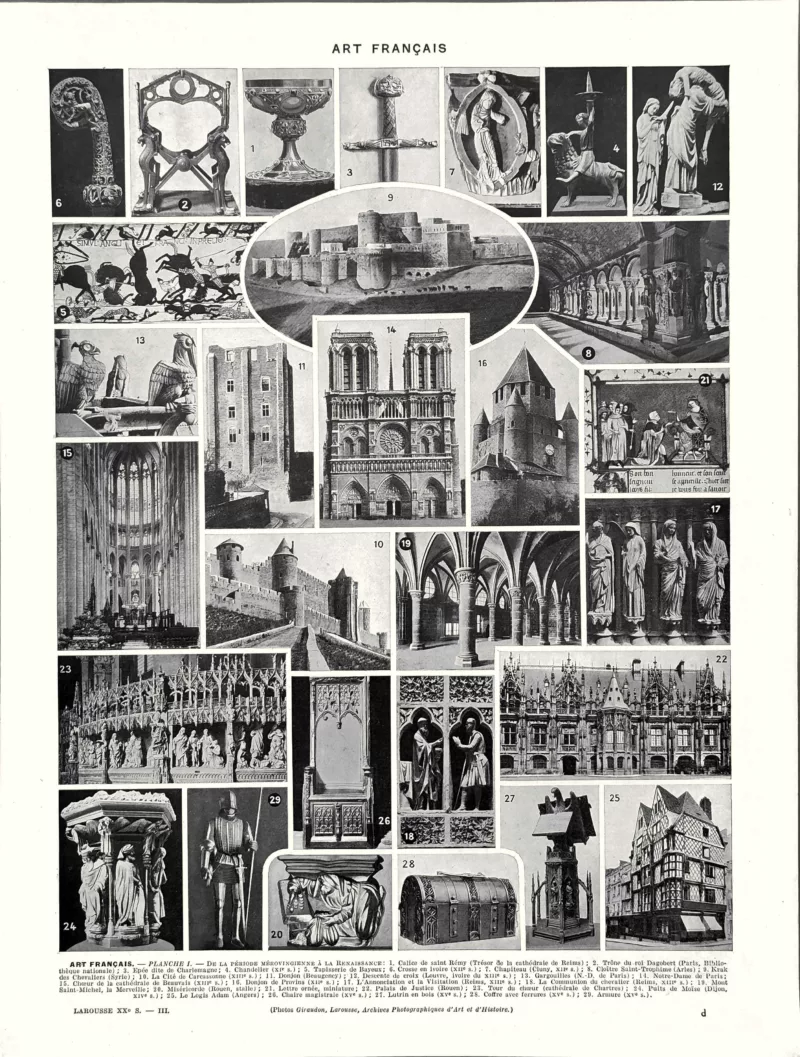 Art français, architecture, sculpture et mobilier, planche encyclopédique originale de 1930
