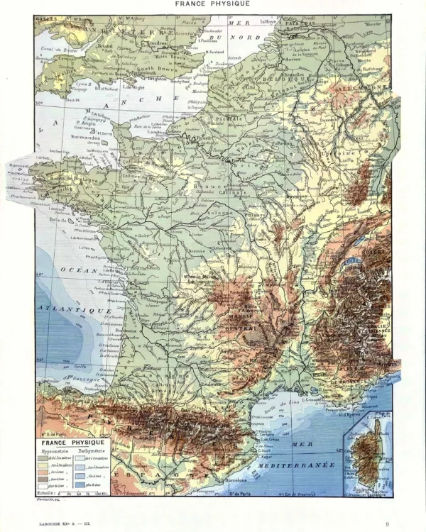 XX31930FRPH-R-france-physique France physique, carte en couleurs du relief et des profondeurs marines par Demoulin, 1930