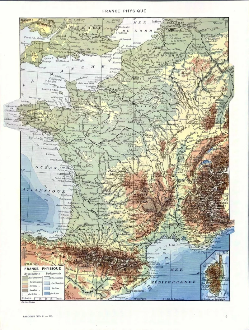 XX31930FRPH-R-france-physique France physique, carte en couleurs du relief et des profondeurs marines par Demoulin, 1930