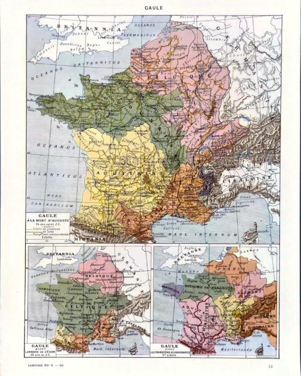 XX31930GAUL-R-gaule-carte Gaule, carte historique en couleurs avec provinces et peuples, planche de Demoulin de 1930