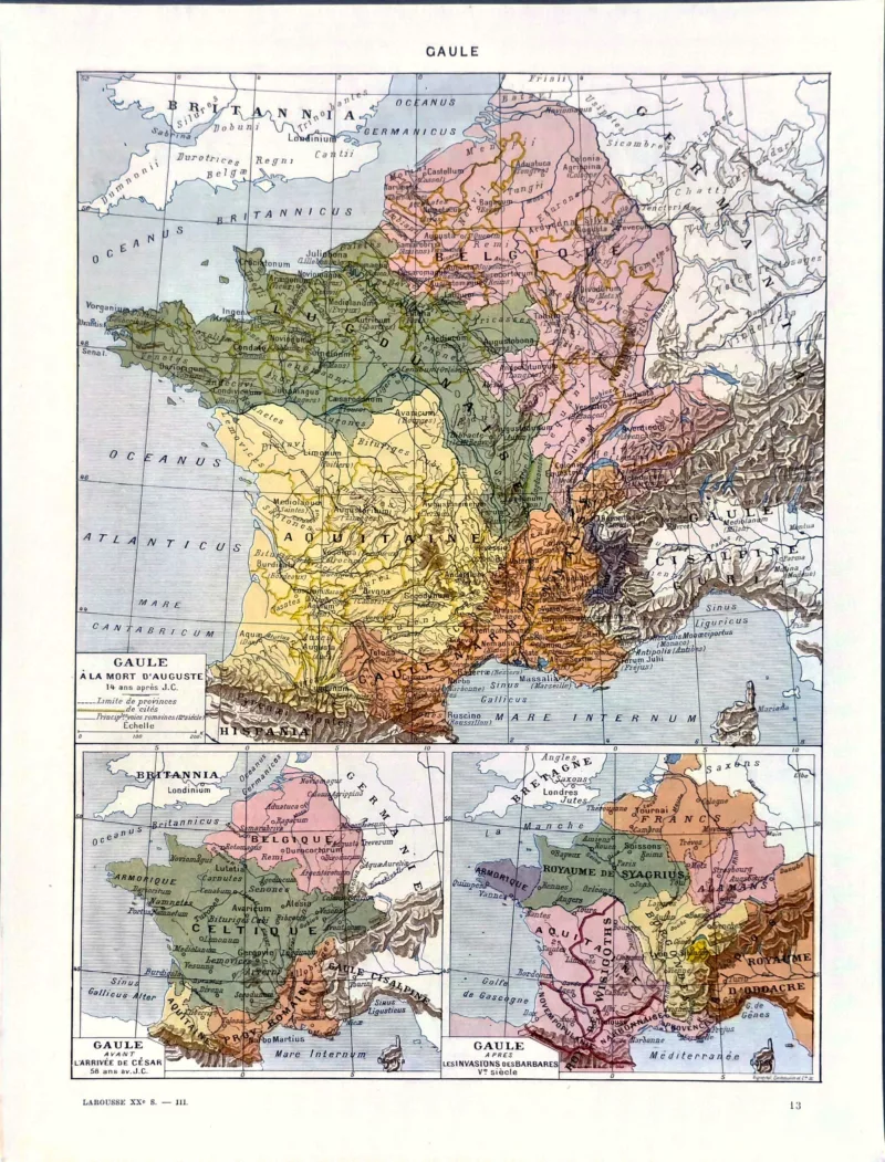 XX31930GAUL-R-gaule-carte Gaule, carte historique en couleurs avec provinces et peuples, planche de Demoulin de 1930