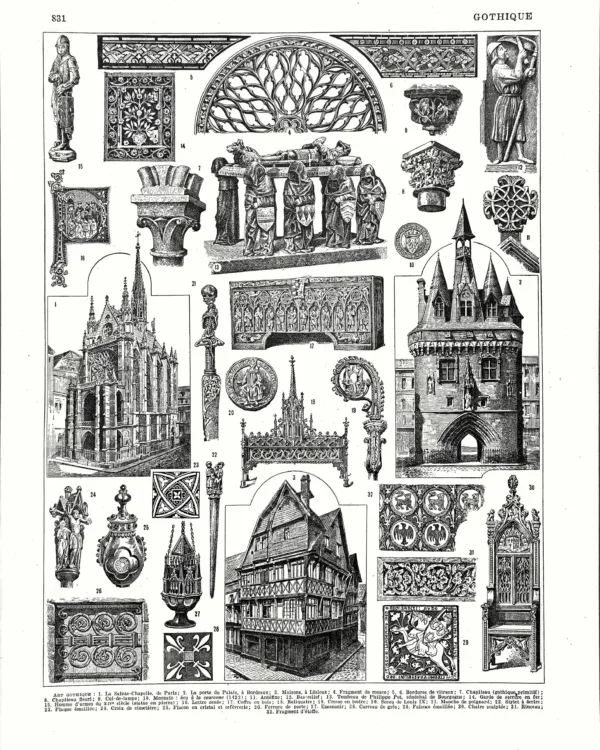Style gothique, architecture, sculptures et ornements, planche encyclopédique originale de 1930