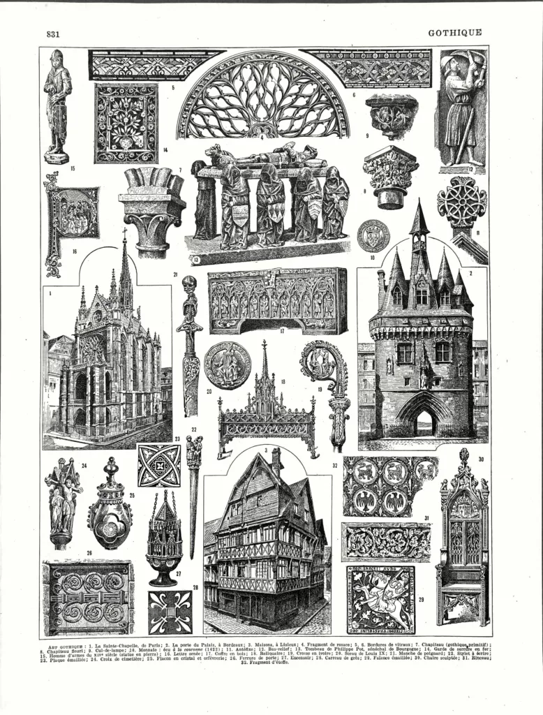 Style gothique, architecture, sculptures et ornements, planche encyclopédique originale de 1930