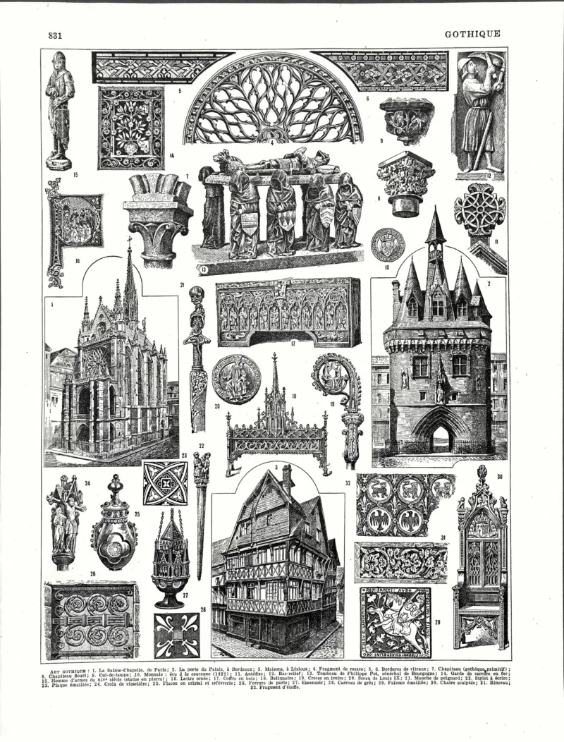 Style gothique, architecture, sculptures et ornements, planche encyclopédique originale de 1930